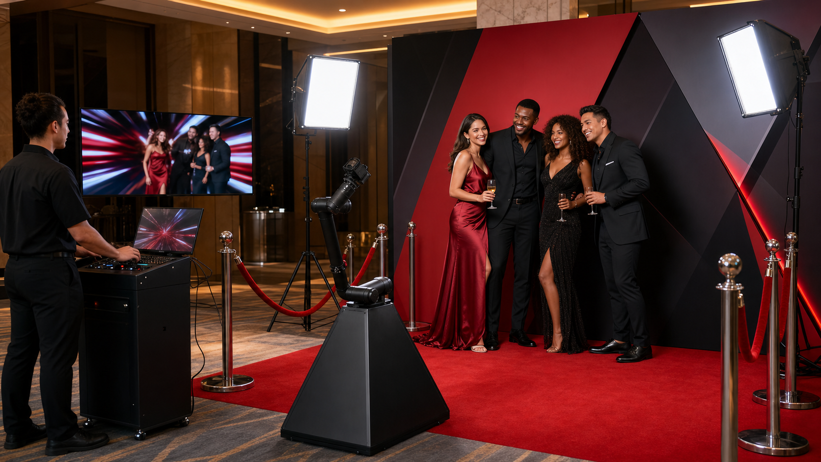 Example Red Carpet Robot Jr. glambot activation with red carpet, backdrop, stanchions, television, lighting, operator console and posing guests