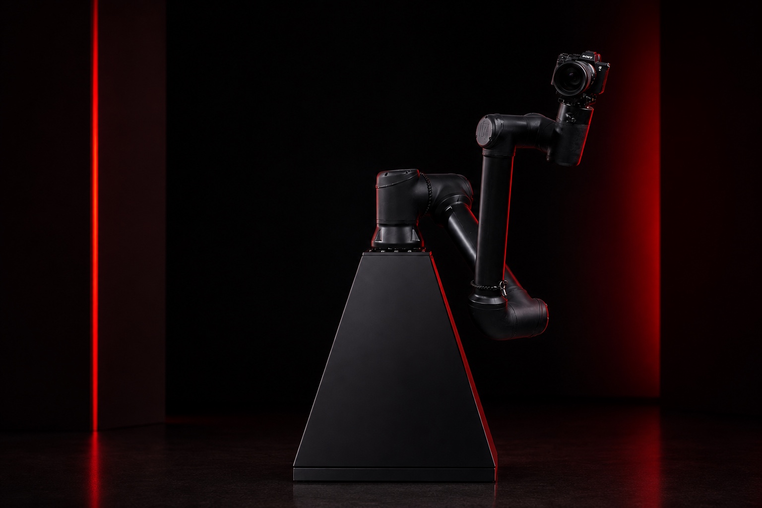 Full Red Carpet Robot Jr. UR10e glambot with camera mounted on a black pedestal in a red and black studio